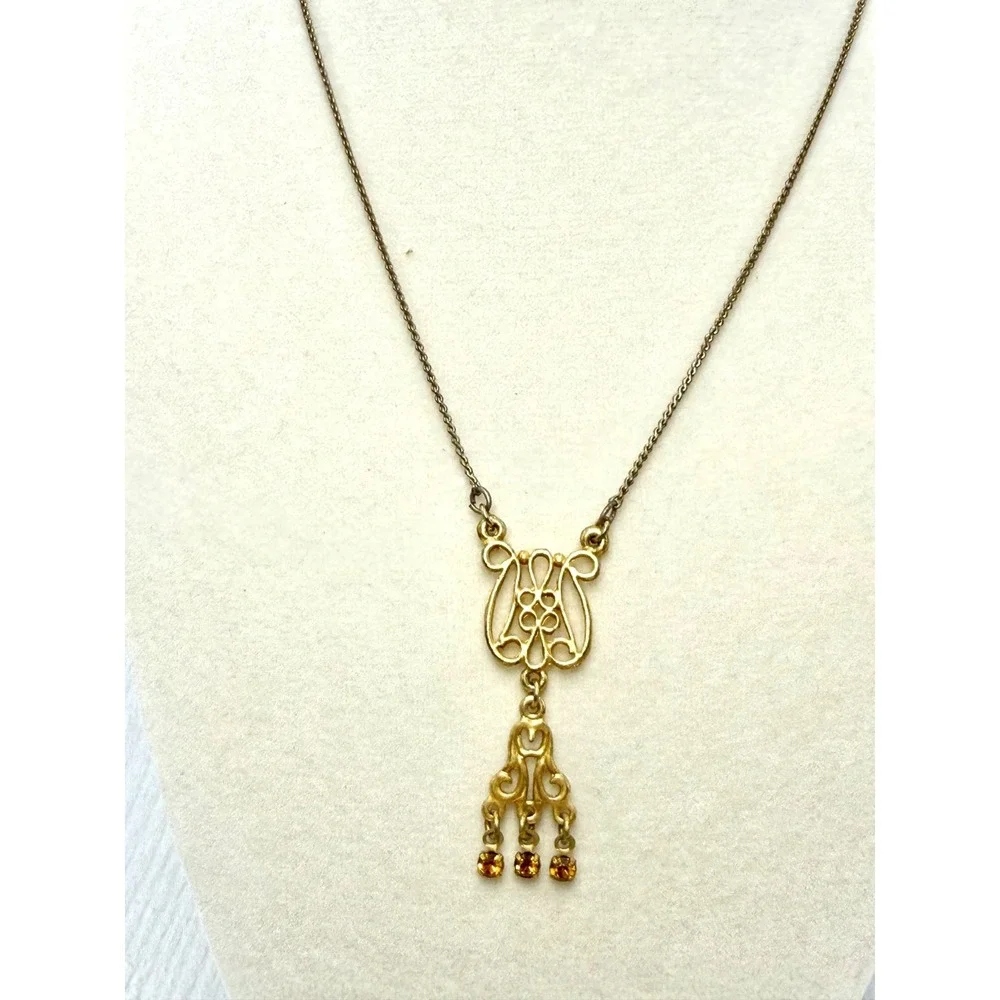 Vintage 90s Art Nouveau Gold Tone Floral Scroll Pendant Necklace 16in